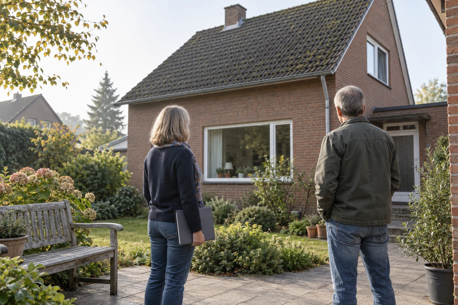 Eine Frau und ein Mann mittleren Alters sehen sich den Garten eines älteren Backsteinhauses an.